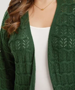 Plain Geometric Eyelet Cable Knit Tunic Cardigan -Clothing Shop 597033399 um