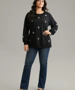 Beaded Floral Elastic Cuffs Sweatshirt -Clothing Shop 597363424 nx