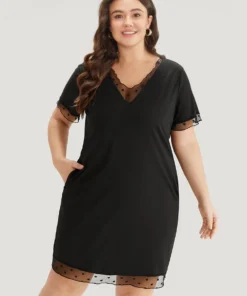 Polka Dot Crochet Mesh Pocket V Neck Sleep Dress