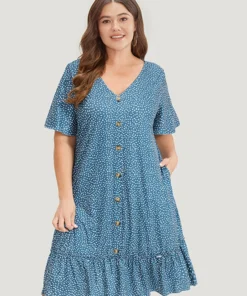 Water Drop Print Button Detail Ruffled Dress