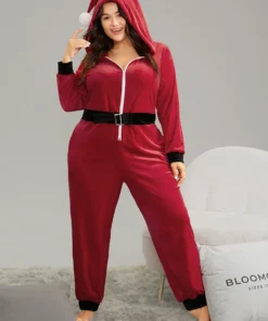 Christmas Velvet Belted Fluffy Ball Hooded Sleep Jumpsuit