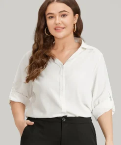 Anti-Wrinkle Plain Button Through Shirt Collar Tab Sleeve Blouse