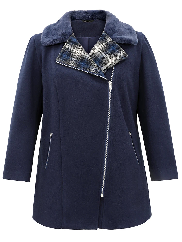 Plaid Asymmetrical Lapel Collar Patchwork Fuzzy Trim Coat 8 Plaid Asymmetrical Lapel Collar Patchwork Fuzzy Trim Coat - Image 6