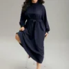 Anti-Wrinkle Plain Shirred Mock Neck Belted Dress -Clothing Shop 59992895 fu