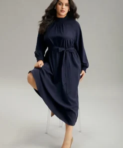Anti-Wrinkle Plain Shirred Mock Neck Belted Dress