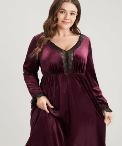 Solid V Neck Lace Velvet Night Dress -Clothing Shop 5 b569efc0 9e96 4887 8153 1af7514ecc00