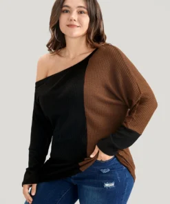 Colorblock Contrast Waffle Knit One Shoulder Long Tee -Clothing Shop 5 e9ebc01d cae9 4d98 b932 24430f607fb0