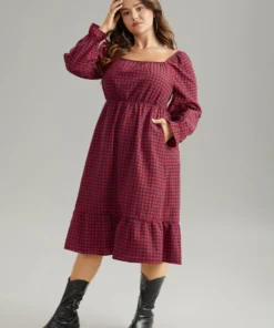 Gingham Square Neck Shirred Gathered Ruffles Dress