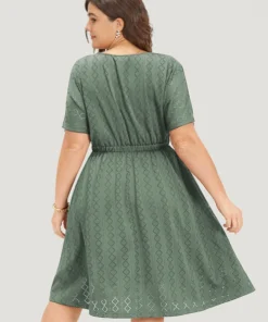 Plain Geo Eyelet Batwing Sleeve Elastic Waist Dress -Clothing Shop 600114174 co