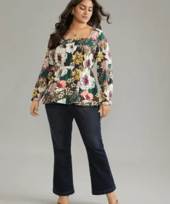 Floral Square Neck Gathered Lantern Sleeve Blouse -Clothing Shop 600391701 jr