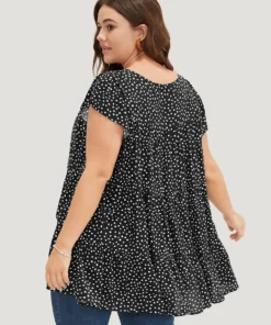 Allover Print Cap Sleeve Ruffle Hem Gathered Blouse -Clothing Shop 600403077 pi 814389fa e320 46fa 8ba4 1fc4a49dab39