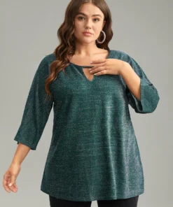 Glitter Keyhole Batwing Sleeve Blouse