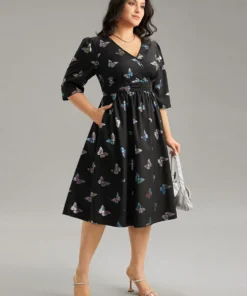 Butterfly Glitter V Neck Ruched Dress -Clothing Shop 600667617 dw