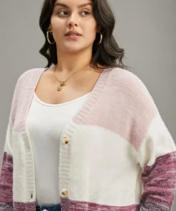 Colorblock Button Through Fuzzy Cardigan -Clothing Shop 600813557 vo