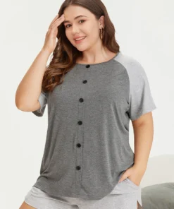 Colorblock Contrast Button Detail Raglan Sleeve Sleep Top -Clothing Shop 601205177 zo