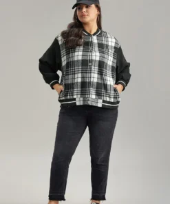 Plaid Button Through Pocket Baseball Collar Bomber Jacket 14 Plaid Button Through Pocket Baseball Collar Bomber Jacket -Clothing Shop 601213489 yi