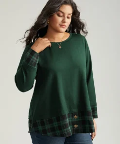 Plaid Patchwork Button Detail Curved Hem Sweatshirt -Clothing Shop 602669306 ao