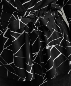 Geometric Print Tab Sleeve Belted Wrap Blouse -Clothing Shop 603050863 uv