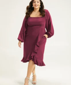 Anti-Wrinkle Square Neck Ruffle Trim Wrap Hem Dress -Clothing Shop 603255078 yn fade2576 4700 4bd1 8df8 e8c21f1d01b1