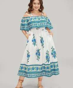 Bandana Print Flutter Pocket Cold Shoulder Dress