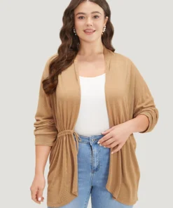 Plain Drawstring Bowknot Front Drop Shoulder Cardigan -Clothing Shop 603869188 vd