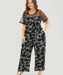 Floral Mesh Patchwork Crew Neck Pocket Belted Jumpsuit -Clothing Shop 604319162 xy