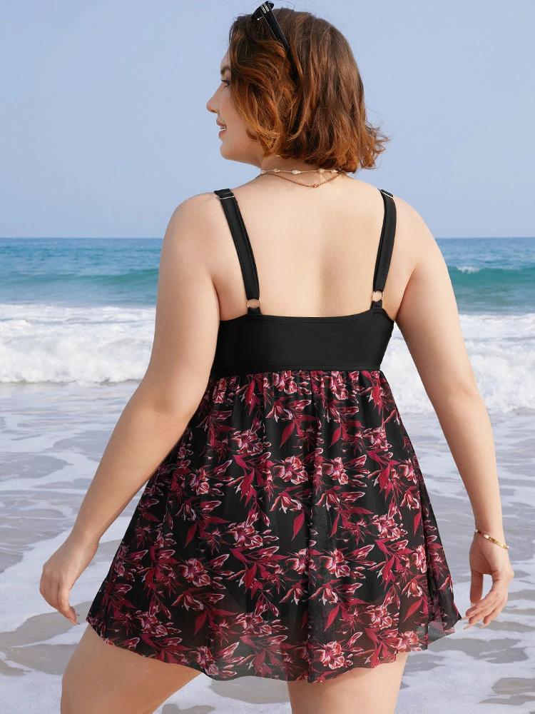 Plant Print Drawstring Ruffles Ruched A Line Swim Dress 4 Plant Print Drawstring Ruffles Ruched A Line Swim Dress - Image 2