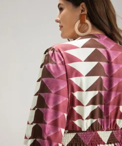 Geometric Shirred Button Up Ruffle Hem Dress -Clothing Shop 604741988 xi