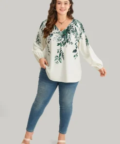 Plants Print Lantern Sleeve Button Detail Blouse -Clothing Shop 605600789 rq