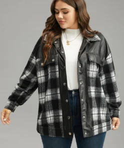 Plaid Patchwork Contrast Button Up Shacket -Clothing Shop 605764756 en