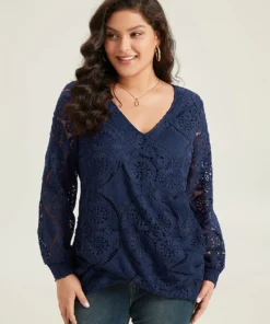 Plain Embroidered Guipure Lace Wrap Blouse -Clothing Shop 605881140 mh