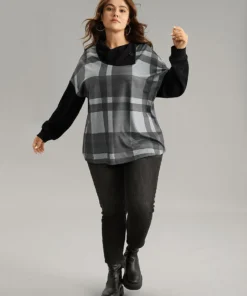 Plaid Patchwork Mock Neck Button Detail Sweatshirt -Clothing Shop 605980068 fp