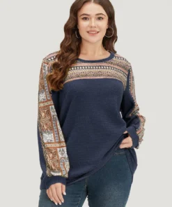 Boho Print Patchwork Waffle Knit Crew Neck Sweatshirt -Clothing Shop 606946750 md 911357c5 f643 41a4 997a 8721bd6a3f9d