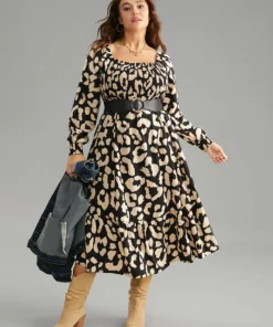 Leopard Shirred Square Neck Lantern Sleeve Dress