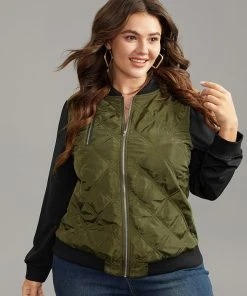 Contrast Patchwork Quilted Zipper Bomber Jacket -Clothing Shop 607882654 zm