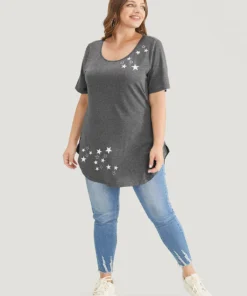 Star Print Split Arc Hem T-shirt -Clothing Shop 608360269 sk 0297831c 890f 495b b710 aaa041f4def3