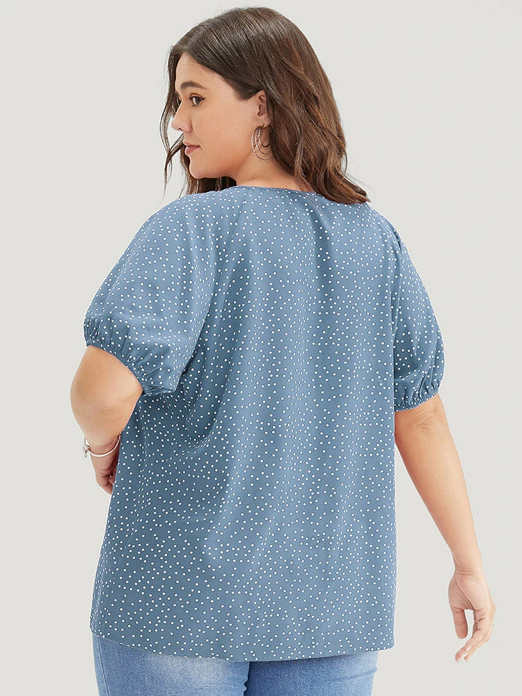 Polka Dot Pleated Round Neck Puff Sleeve Blouse 16 Polka Dot Pleated Round Neck Puff Sleeve Blouse - Image 14