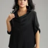 Anti-Wrinkle Solid Cowl Neck Tab Sleeve Blouse