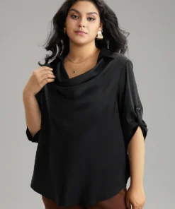 Anti-Wrinkle Solid Cowl Neck Tab Sleeve Blouse