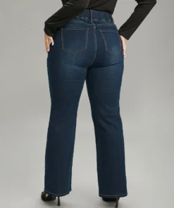 Solid Elastic Waist Pocket Full Length Jeans -Clothing Shop 609237490 bg