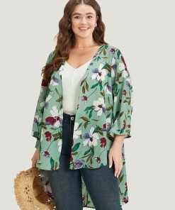 Floral Print Open Front Asymmetrical Hem Kimono -Clothing Shop 609240260 we 8094b100 a828 43b3 8555 29e13a1acf9c