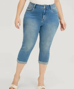 Very Stretchy High Rise Medium Wash Roll Hem Cropped Jeans -Clothing Shop 609306702 rc