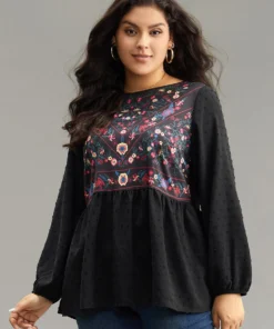 Boho Print Patchwork Lantern Sleeve Gathered Blouse -Clothing Shop 609330812 yz