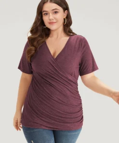 Solid Heather Overlap Collar Gathered T-shirt 33 Solid Heather Overlap Collar Gathered T-shirt -Clothing Shop 609924463 pn