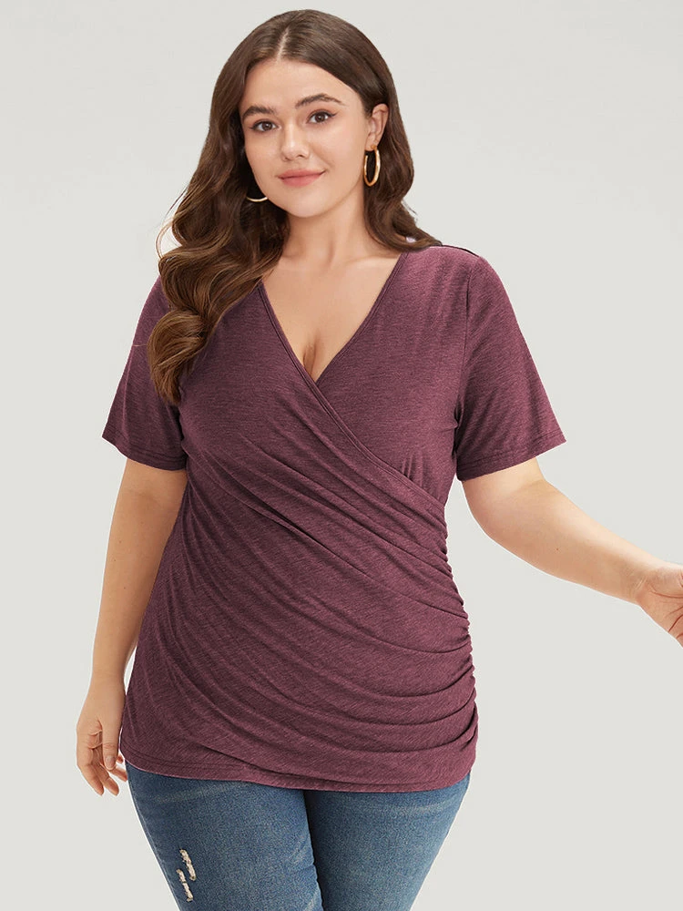 Solid Heather Overlap Collar Gathered T-shirt 14 Solid Heather Overlap Collar Gathered T-shirt - Image 12