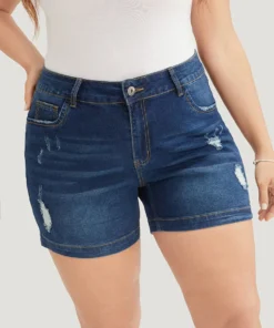 Moderately Stretchy High Rise Dark Wash Distressed Denim Shorts -Clothing Shop 609966023 sn