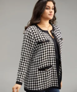 Twill Houndstooth Button Detail Pocket Coat -Clothing Shop 610152576 qp