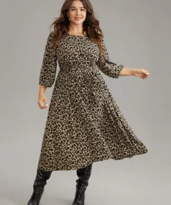 Leopard Elastic Waist Belted Round Neck Dress