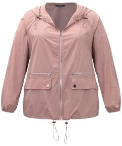 Plain Hooded Pocket Zipper Fly Drawstring Jacket -Clothing Shop 610341946 no