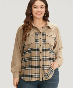 Plaid Pocket Button Through Patchwork Shirt Collar Jacket -Clothing Shop 610450823 rv